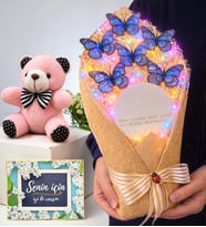 Senin İçin Renkli Led Işıklı Aynalı Büyük Boy Mavi Kelebek Buketi & Peluş Ayıcık