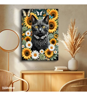 Dikey Kanvas Tablo Kedi Ayçiçeği Hayvan Tablosu Ev Ofis Duvar Dekoru