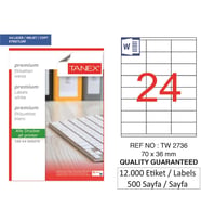 Tanex Lazer Etiket tw-2736 500 A4 Sayfa Laser Etiket 70 x 36 mm Boyutunda 1 A4 Sayfada 24 Etiket