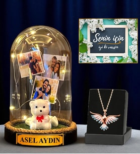 Premium Hediye Seti - Sizlere Özel Led Işıklı Fanus ve Renkli Zümrüdü Anka Kuşu Kolyesi (Model 3)