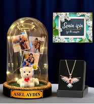 Premium Hediye Seti - Sizlere Özel Led Işıklı Fanus ve Renkli Zümrüdü Anka Kuşu Kolyesi (Model 3)