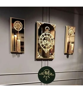 byMelekoğlu Aynalı Duvar Saati, 3'lü Gold Saat, Çerçeveli Saat Takımı, Hediye, Wall Clock, Püsküllü Saat, 38GMB