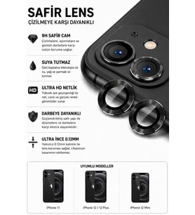 iPhone 11 / 12 / 12 Mini Siyah Metal Kamera Lens Koruyucu Safir Cam Ultra Net HD