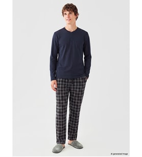 LC WAIKIKI Lacivert Henley Yaka Uzun Kollu Erkek Pijama Üst