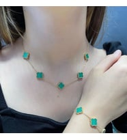 Kadın Yeşil Renk Van Cleef Model Altın Kaplama Paslanmaz Çelik Kolye, Bileklik Set