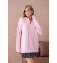 Kadın Polo Yaka Yumuşak Dokulu Oversize Triko Kazak (Pembe)