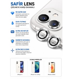 iPhone 11 / 12 / 12 Mini Açık Gri Metal Kamera Lens Koruyucu Safir Cam Ultra Net HD