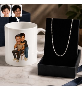 BK Gift Kişiye Özel Baba&Çocuk Karikatürlü Beyaz Kupa & Yaprak Model Zincir Kolye -6, Babalar Günü Hediyesi