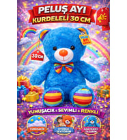 Oturan Kurdeleli Peluş Ayı 30 cm Yumuşak Dokulu Şirin Tasarım (Mavi)