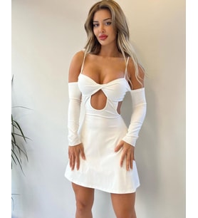 Bağlamalı Sırt Dekolteli Beyaz Mini Elbise