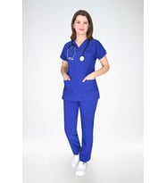 Unisex Soft Likra Saks Mavi Hemşire Ve Doktor Üniforması Cerrahi Takım Scrubs (SAKS MAVI)