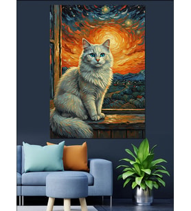 Pencere Önündeki Beyaz Long Hair Kedi Dekoratif Kanvas - Mdf Ahşap Tablo