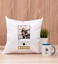 Kişiye Özel Spotify Tasarım Fotoğraflı Kare Yastık ve Mavi Kupa