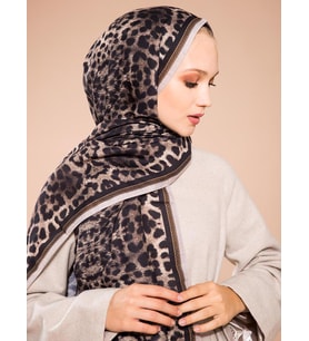 Leopar Desen Pavia Seri Şal Eşarp Askısı ile Birlikte 90X200 cm Vizon Siyah-90X2