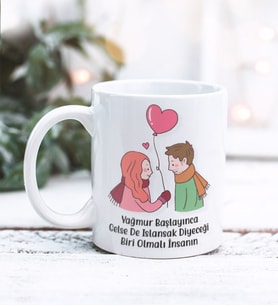 Sevgililer Günü Yağmur Başlayınca Tasarımlı Kupa Bardak (Beyaz)