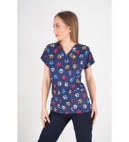 Unisex Pati Desenli Veteriner Doktor Hemşire Hastane Scrubs Tek Üst Üniforması (Lacivert)