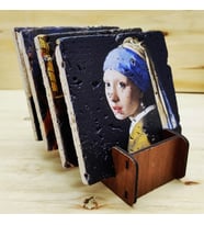 Johannes Vermeer- Doğal Taş Bardak Altlığı 4'lü Set Standlı