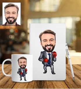 Kişiye Özel Boksör Tasarımlı Karikatür Defter Kalem Kupa Set 5