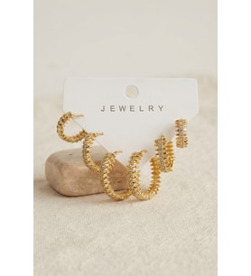 Gold Renk Zirkon Taşlı Pirinç Halka Tırtık Model Kadın Küpe Seti 5886 - SSSSSS6134-8092