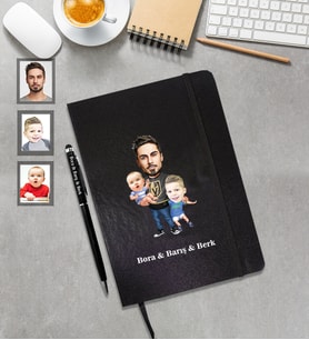 Kişiye Özel Babalar Günü Baba Erkek Kardeş Karikatürlü Siyah Defter Kalem Hediye Seti Model-1