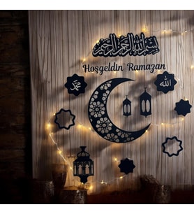 "Hoşgeldin Ramazan LED Işıklı Ahşap Duvar Süsü  Ay Yıldız ve Dini Figürlerle Dekorasyon"