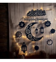 "Hoşgeldin Ramazan LED Işıklı Ahşap Duvar Süsü  Ay Yıldız ve Dini Figürlerle Dekorasyon"