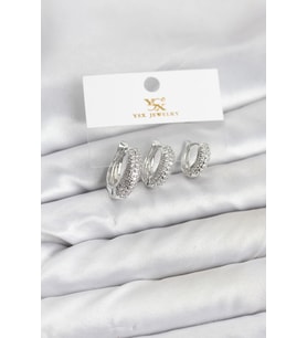 Pirinç Gümüş Renk Zirkon Taşlı Halka Model YSX Trio Küpe Seti - TJ-BKP11559