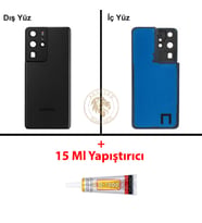 Samsung Galaxy S21 Ultra Siyah Renk Lensli Arka Kapak + B7000 Yapıştırıcı Arka Cam Batarya Kapağı Pil Kapağı Lazer Kesim Back Cover Galaxy S21 Ultra Uyumlu