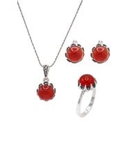 Akik ve Markazit Taşlı 925 Ayar Gümüş Üçlü Set 201021941