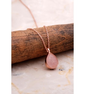 Doğal Pembe Kuvars Taşlı Damla Mini Rose Gümüş Kolye 7752