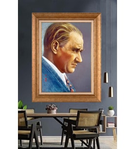 Altın Varaklı Çerçeveli Paspartulu Atatürk Tablo nh417 (Gold)