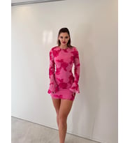 Pembe Çiçek Desenli Tül Astarlı Mini Elbise