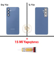 Samsung Galaxy S24 FE Mavi Renk Lensli Arka Kapak + B7000 Yapıştırıcı Arka Cam Batarya Kapağı Pil Kapağı Lazer Kesim Back Cover Galaxy S24 FE Uyumlu