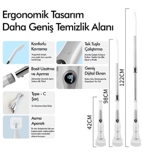 Kablosuz Şarjlı Temizlik Fırçası 8 Başlıklı 3 Kademe Hız Ayarlı Teleskopik Çok Amaçlı Ev Cihazı