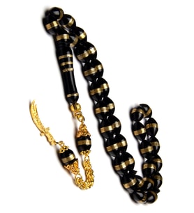 24k Altın Kaplama 925 Ayar Gümüş Püsküllü Zülfikar Kılıcı 7x11mm Sarmal Kuka Tesbih (Siyah)