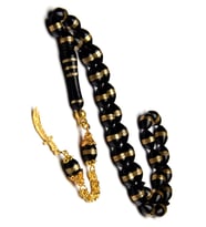 24k Altın Kaplama 925 Ayar Gümüş Püsküllü Zülfikar Kılıcı 7x11mm Sarmal Kuka Tesbih (Siyah)