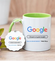 Kişiye Özel Google Tasarım Esprili Yeşil Kupa Bardak ve Anahtarlık