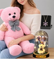 Muhteşem Set Pembe Peluş Ayıcık Kişiye Özel Led Işıklı Fanus ve Gerçek Ametist Taşlı Lotus Kolye (Model 1)