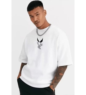 Unisex Bisiklet Yaka Baskılı Oversize T-Shirt - Beyaz