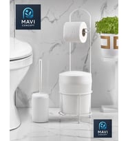 Çöp Kovalı Tuvalet Kağıtlığı ve Tuvalet Fırça Seti (Doğal Beyaz)