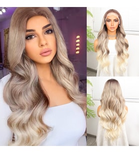 Kumral Platin Ombre ve Röfleli Fiber Sen Geniş Dalgalı Tül Peruk