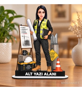 Kişiye Özel Kadin Santiye Sefi Kisiye Karikatürlü 18 cm MDF Masaüstü Biblo - Kadin Santiye Sefi Kisiye Hediyesi Yeni İş ve Meslek Hediyesi