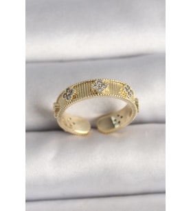 Pirinç Gold Renk Zirkon Taşlı Yonca İşlemeli Ayarlanabilir Yüzük