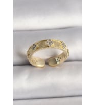 Pirinç Gold Renk Zirkon Taşlı Yonca İşlemeli Ayarlanabilir Yüzük