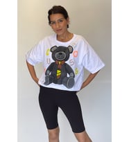 Kadın Ayıcık Baskılı Taş Süslemeli Kısa T-Shirt (Beyaz)