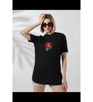 Unisex Bisiklet Yaka Baskılı T-Shirt - Siyah