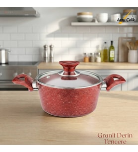 ARZU ÇELİK 20 Cm Granit Derin Tencere Cam Kapak - Kırmızı