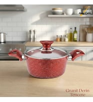 ARZU ÇELİK 20 Cm Granit Derin Tencere Cam Kapak - Kırmızı