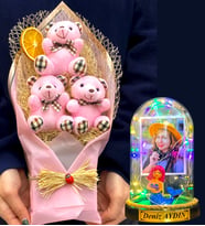 Kişiye Özel Renkli Led Işıklı Fanus ve Büyük Boy Pembe Ayıcık Buketi (Model 3)
