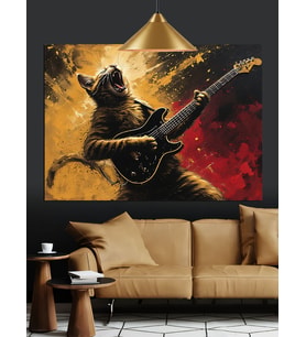 Gitar Çalan Kedi Figürü İllüstrasyonu Dekoratif Kanvas - Mdf Ahşap Tablo
